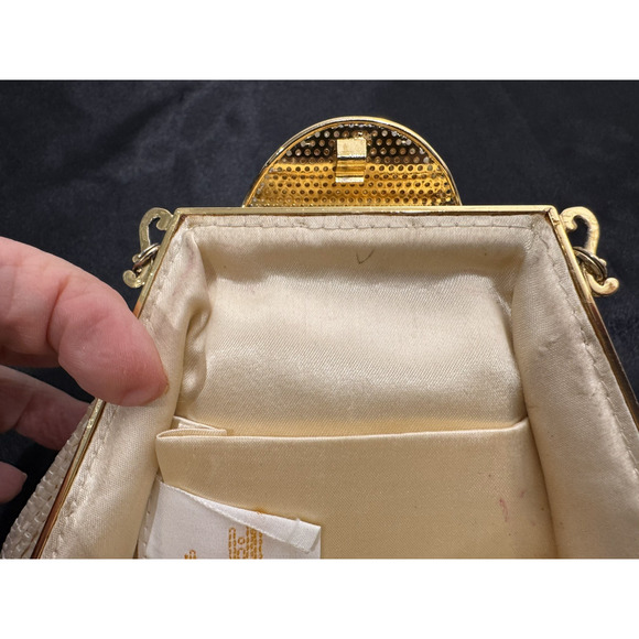Vintage Art Deco Glass Beaded Purse Evening Clutch 1950s Delill Gold Frame Cream - Picture 8 of 12